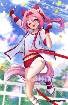 1girl animal_ears bandaid bandaid_on_leg blue_sky blush bow breasts buruma cloud collarbone commentary confetti ear_bow ear_covers fingerless_gloves flower-shaped_pupils flower_in_eye gloves hairband haru_urara_(bestest_prize)_(umamusume) haru_urara_(umamusume) headband highres horse_ears horse_girl horse_tail jacket kamaniki long_hair looking_at_viewer midriff_peek navel one_eye_closed open_mouth outdoors pink_buruma pink_eyes pink_hair pink_headband ponytail red_buruma red_gloves red_headband shirt shoes sky small_breasts smile socks solo striped_clothes striped_socks symbol-shaped_pupils symbol_in_eye tail teeth umamusume upper_teeth_only white_jacket white_shirt