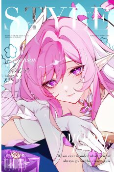 1girl absurdres bare_shoulders box chinese_commentary commentary_request cover diamond-shaped_pupils diamond_(shape) elysia_(herrscher_of_human:_ego)_(honkai_impact) elysia_(honkai_impact) english_text fake_magazine_cover gift gift_box gloves highres honkai_(series) honkai_impact_3rd long_hair looking_at_viewer magazine_cover multicolored_hair pink_hair purple_eyes smile solo symbol-shaped_pupils tengjie51867 triquetra two-tone_hair veil very_long_hair white_gloves white_hair white_veil