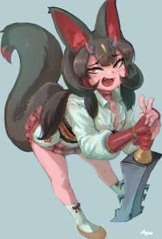 Rule 34 | 1girl, animal ears, black hair, choker, colored skin, commentary request, extra ears, fingerless gloves, fox ears, fox girl, fox tail, gloves, grey hair, highres, horns, kemono friends, kinkaku (kemono friends), long hair, looking at viewer, okyao, red skin, shirt, shoes, simple background, skirt, socks, solo, sword, tail, v, weapon, yellow eyes