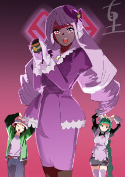 3girls :d absurdres apron belt brown_belt commentary_request dark-skinned_female dark_skin dress eyelashes fccrcrvim924172 gloves green_hair green_jacket hands_up harmony_(pokemon) hat highres holding holding_poke_ball jacinthe_(pokemon) jacket lebanne_(pokemon) long_hair luxury_ball multiple_girls nintendo open_clothes open_jacket open_mouth pants poke_ball pokemon pokemon_legends:_z-a purple_dress shirt smile teeth thighhighs tongue twintails upper_teeth_only yellow_eyes