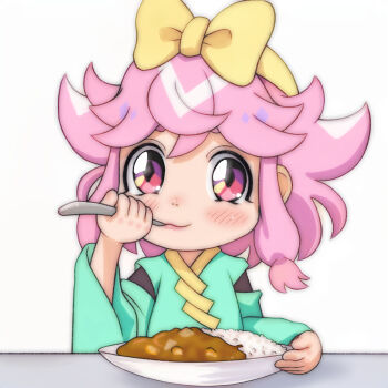 1girl :3 blush bow curry curry_rice detached_sleeves diamond-shaped_pupils diamond_(shape) eating food green_kimono hair_bow hairband highres holding holding_spoon japanese_clothes kimono long_sleeves maro_(mashin_souzouden_wataru) mashin_eiyuuden_wataru mashin_souzouden_wataru pink_hair plate red_eyes rice short_hair sitting smile spoon symbol-shaped_pupils t_jiroo_(ringofriend) table white_background wide_sleeves yellow_bow