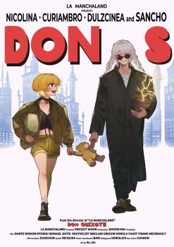 1boy 1girl absurdres alternate_costume black_choker black_coat black_shoes blonde_hair choker coat don_quixote_(project_moon) flower_pot full_body golden_bough_(limbus_company) highres holding holding_flower_pot holding_stuffed_toy jeehyung_seo la_manchaland&#039;s_don_quixote_(project_moon) limbus_company long_hair movie_poster poster_parody project_moon shoes short_hair shorts smile stuffed_animal stuffed_toy sunglasses teddy_bear white_hair