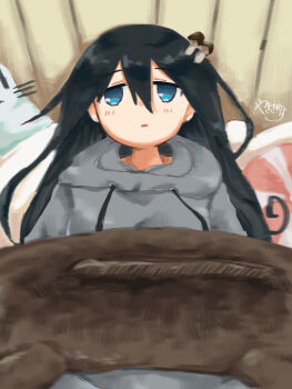 Rule 34 | 1girl, black hair, blue eyes, drawstring, grey hoodie, hair between eyes, highres, hood, hood down, hoodie, long hair, looking at viewer, mushroom on head, parted lips, shimeji simulation, signature, solo, stuffed toy, tsukishima shijima, yakisakana (yakisaka na)