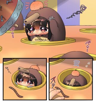 1girl 1other beaver_girl black_hair blush chibi commentary_request crying flying_sweatdrops hammer harumina_mau head_bump highres original red_eyes short_hair tears whac-a-mole worm yurie_mouth