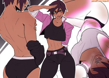 1girl abs arm_behind_back ass bare_back belt black_panties black_pants black_shirt blush breasts breath brown_eyes closed_mouth collarbone cowboy_shot cropped_jacket cropped_shirt dark-skinned_female dark_skin denim dispatch face_piercing from_behind hair_between_eyes hand_on_own_forehead hand_up highres invisigal_(dispatch) jacket jeans looking_at_viewer lying medium_breasts midriff nose nose_piercing nose_ring open_clothes open_jacket open_mouth outline panties pants patreon_username piercing pink_jacket purple_belt purple_hair shirt short_hair sleeves_rolled_up smile standing stopu tank_top teeth toned toned_female tongue underwear white_outline white_tank_top