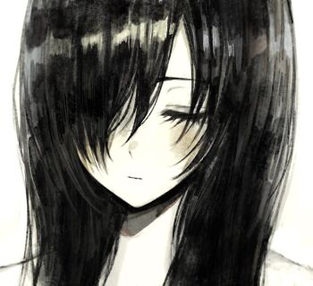 1girl black_hair closed_eyes expressionless gd783hhh hair_over_one_eye long_hair monochrome original portrait solo