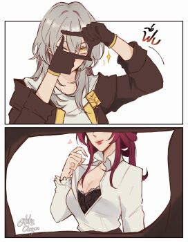 2girls artist_name black_bra black_jacket bra breasts cleavage collared_shirt commentary gloves grey_hair hashtag-only_commentary heart highres honkai:_star_rail honkai_(series) jacket kafka_(honkai:_star_rail) kiki_(kikychayen) long_hair multiple_girls purple_hair shirt smile stelle_(honkai:_star_rail) trailblazer_(honkai:_star_rail) underwear white_shirt yellow_eyes yuri