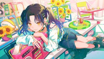 1girl ball black_choker black_hair black_shoes bloom_festival_(project_sekai) blue_hair blue_skirt book boombox choker closed_mouth colorful_palette cushion drinking_straw earrings flower food full_body game_cg glass gradient_hair graffiti hair_flower hair_ornament highres ice ice_cream ice_cube jewelry looking_at_viewer medium_hair multicolored_hair official_alternate_costume official_alternate_hairstyle official_art plant pom_pom_(clothes) pom_pom_earrings potted_plant project_sekai shiraishi_an shirt shoes skirt smile soda solo spoon streaked_hair sunflower table third-party_source twintails vinyl_record white_shirt yellow_eyes yellow_flower
