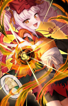 1girl :d bare_shoulders bike_shorts black_dress black_shorts black_sleeves cowboy_shot detached_sleeves dress drill_hair dutch_angle ehoumaki energy_ball fang food hair_ribbon highres incoming_attack japanese_clothes kimono kimono_dress long_hair long_sleeves makizushi mask mask_on_head multicolored_dress onikko_hunter_tsuina-chan open_mouth orange_dress orange_eyes orange_ribbon outer_glow oversized_food oversized_object parted_bangs pink_hair pointy_ears red_dress red_mask red_sleeves ribbon sash shorts skin_fang smile solo sushi tenneko_yuuri tsuina-chan twin_drills v-shaped_eyebrows very_long_hair voiceroid white_sash wide_sleeves