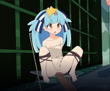 1boy anal ass atamae_(nerocaoss) bdsm bondage bound chair colored_skin feet hoshikawa_lily long_hair nipples nude on_chair open_mouth penis scared shota sitting small_penis spoilers spread_legs sweat sweatdrop tears testicles transgender white_skin zombie_land_saga