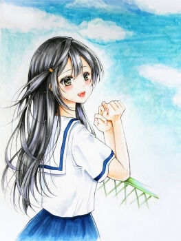 1girl arukapismillust black_hair blue_skirt blue_sky brown_eyes center-flap_bangs cloud commentary_request cowboy_shot day double-parted_bangs elbow_rest hands_up long_hair looking_to_the_side love_live! love_live!_nijigasaki_high_school_idol_club marker_(medium) outdoors sailor_collar shirt short_sleeves skirt sky solo traditional_media turning_head white_sailor_collar white_shirt yuki_setsuna