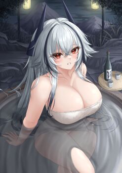 1girl absurdres alcohol azur_lane bare_shoulders black_hair bottle breasts choko_(cup) cup hair_between_eyes hair_intakes highres horns kursk_(azur_lane) kursk_(lone_wolf_amid_the_steam)_(azur_lane) lamppost lantern large_breasts long_hair looking_at_viewer mountainous_horizon multicolored_hair naked_towel official_alternate_costume onsen outdoors red_eyes rock sake sake_bottle sitting solo streaked_hair towel tray tree ueyama_0clock water white_hair