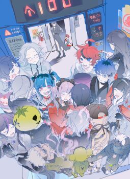 6+boys 6+girls ^_^ absurdres ahoge amemiya_darumi aotsuki_eito arrow_(symbol) black_boots black_bow black_gloves black_hair black_hairband black_hat black_jacket black_kimono black_ribbon black_shirt black_shoes black_skirt blonde_hair blood blood_on_clothes blue_eyes blue_hair blush_stickers boots bow bowtie chinese_commentary chinese_text choker closed_eyes closed_mouth commentary_request crowded crying crying_with_eyes_open dark-skinned_male dark_skin drawstring earrings elevator english_text eva_(hundred_line) everyone eyepatch ginzaki_shouma glasses gloves green_hat grey_hair grey_jacket grey_kimono hair_bow hair_bun hair_ribbon hairband hat high_heel_boots high_heels highres hood hood_down hoodie jacket jacket_over_hoodie japanese_clothes jewelry kawana_tsubasa kimono kirifuji_nozomi long_hair long_sleeves magadori_kyoshika maruko_gaku mask mojiro_moko multicolored_hair multiple_boys multiple_girls omokage_yugamu oosuzuki_kurara open_clothes open_jacket open_mouth pink_hair ponytail pressing_button print_eyepatch red_bow red_bowtie red_choker red_eyes red_hair red_shirt ribbon roots_(hair) safety_pin sailor_collar sailor_shirt semi-rimless_eyewear shion_(hundred_line) shirt shizuhara_hiruko shoes short_hair sitting sketch skirt smile spoilers streaked_hair striped_clothes striped_shirt sumino_takumi sunglasses tears the_hundred_line_-last_defense_academy- translation_request tsukumo_ima tsukumo_kako twintails two-tone_hair u_u white_hoodie yakushiji_takemaru yaozhuanadv