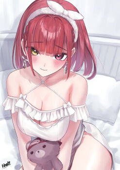 1girl bare_shoulders blush breasts cleavage collarbone dress earrings heterochromia highres hololive houshou_marine houshou_marine_(roomwear) jewelry large_breasts nattoushouyu3 on_bed raised_eyebrows red_eyes red_hair solo stuffed_animal stuffed_toy teddy_bear virtual_youtuber white_dress yellow_eyes