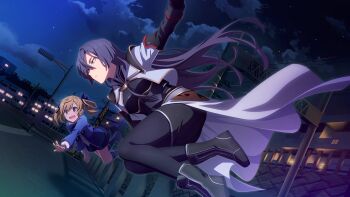 Rule 34 | 2girls, black footwear, black hair, black pantyhose, blonde hair, blue footwear, blue jacket, blue skirt, boots, closed mouth, cosplay, crossover, falling, game cg, grey eyes, jacket, knee boots, long hair, long sleeves, maria traydor, maria traydor (cosplay), multiple girls, night, official art, open mouth, origami yukari, outdoors, pantyhose, skirt, sky, star ocean, star ocean: anamnesis, toji no miko, toji no miko: kizamishi issen no tomoshibi, twintails, very long hair, welch vineyard