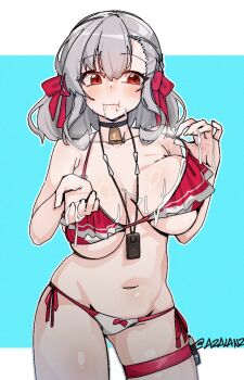 1girl bare_shoulders bell bikini black_choker blue_background blush bow bow_bikini breasts choker closed_mouth collarbone commentary cowbell cum cum_in_mouth cum_on_body cum_on_breasts cum_on_hands cum_on_upper_body frilled_bikini frills girls'_frontline girls'_frontline_2:_exilium grey_hair hair_between_eyes hair_bow holding_strap huge_breasts medium_hair navel neck_bell penis pouch red_bikini red_bow red_eyes ring_light_reflection sabrina_(girls'_frontline_2) side-tie_bikini_bottom solo spas-12_(girls'_frontline) stomach swimsuit thigh_pouch thigh_strap thighs tilt-shift_(azalanz) twitter_username two-tone_background white_background