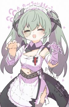 1girl apron bandaged_arm bandages bare_shoulders black_bow blush bow closed_eyes colored_skin commentary_request corin_wickes cosplay frankenstein&#039;s_monster frankenstein&#039;s_monster_(cosplay) green_hair halloween_costume highres inaririn maid maid_apron maid_headdress multicolored_skin navel object_through_head open_mouth screw_hair_ornament screw_in_head shirt solo sparkle stitched_arm stitched_face stitched_leg stitched_torso stitches torn_apron torn_clothes torn_shirt twintails two-tone_skin white_apron white_background zenless_zone_zero