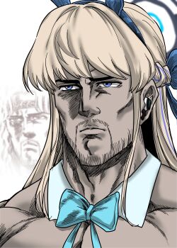 Rule 34 | 1girl, absurdres, animal ears, aqua bow, blue archive, blue hairband, bow, detached collar, earpiece, facial hair, fake animal ears, hairband, halo, hara tetsuo (style), highres, muscular, name connection, playboy bunny, rabbit ears, solo, toki (blue archive), toki (bunny) (blue archive), toki (hokuto no ken), yubusushi