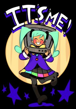 1girl aqua_hair black_skirt blue_jacket bow bowtie english_text full_body hatsune_miku highres jacket kanedatkm leg_up object_head pleated_skirt skirt solo spotlight static static_(vocaloid) television twintails vocaloid yellow_bow yellow_bowtie