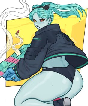 1girl aqua_hair ass blue_skin colored_sclera colored_skin cyberpunk:_edgerunners cyberpunk_(series) female_focus from_behind green_eyes gun highres holding holding_weapon huge_ass jacket long_hair looking_back nirefuster panties rebecca_(cyberpunk) red_sclera solo sweat thick_thighs thighs twintails underwear weapon wedgie wide_hips yellow_background