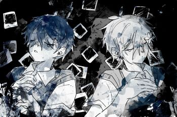 Rule 34 | 2boys, antenna hair, basil (faraway) (omori), basil (omori), closed eyes, closed mouth, collared shirt, commentary, crying, danmuji 07, double-parted bangs, english commentary, greyscale, hair between eyes, hashtag-only commentary, highres, male focus, monochrome, multiple boys, omori, parted lips, photo (object), shirt, short hair, short sleeves, sidelocks, sunny (omori), sweater vest