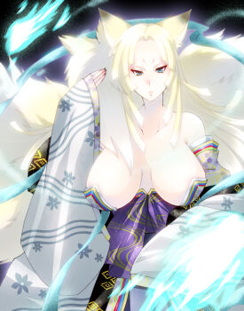 1girl alice_soft animal_ears areola_slip blonde_hair breasts female_focus fox_ears fox_tail hikimayu huge_breasts inari japanese_clothes kimono long_hair multiple_tails nipple_slip nipples off_shoulder omachi rance_(series) sakai_koushirou sakaikoshiro sengoku_rance shawl solo tail