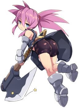 1girl armored_boots ass axe bag bare_shoulders bike_shorts blue_eyes boots coat commentary_request elbow_gloves from_behind full_body gloves grey_boots grey_coat grey_gloves hair_between_eyes holding holding_axe holding_weapon jacket karukan_(monjya) long_hair looking_at_viewer looking_back open_clothes open_jacket pink_hair presea_combatir satchel sidelocks simple_background sleeveless sleeveless_coat sleeveless_jacket solo star_(symbol) tales_of_(series) tales_of_symphonia thighhighs twintails warrior weapon white_background