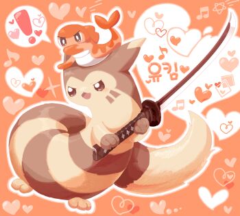 ! bright_pupils brown_eyes commentary_request commission full_body furret gen_2_pokemon heart highres holding holding_sword holding_weapon korean_commentary korean_text nintendo no_humans open_mouth outline pokemon pokemon_(creature) spoken_exclamation_mark sword tatsugiri translation_request ttrtag weapon white_outline white_pupils