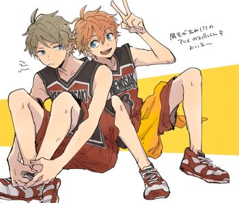 2boys akehoshi_subaru arm_up basketball_jersey blue_eyes brown_hair closed_mouth commentary ensemble_stars! hair_between_eyes invisible_floor jersey looking_at_another male_focus mitobinyo multiple_boys official_alternate_costume open_mouth orange_hair red_shorts shirt shoes short_hair shorts sitting sleeveless sleeveless_shirt smile sneakers symbol-only_commentary takamine_midori towel v