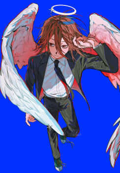 1boy angel_devil_(chainsaw_man) angel_wings black_jacket black_necktie black_pants black_suit blue_background chainsaw_man commentary_request feathered_wings formal_clothes hair_between_eyes halo highres ikaooi1 jacket male_focus necktie pant_suit pants red_eyes red_hair simple_background solo suit suit_jacket white_halo white_wings wings