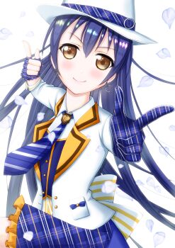 Rule 34 | 1girl, absurdres, artist name, artist request, back bow, blue bow, blue gloves, blue hair, blue neckwear, blue skirt, blush, bow, breasts, cardigan, checkered clothes, checkered gloves, checkered skirt, collared shirt, dress, earrings, female focus, fingerless gloves, frilled dress, frills, gloves, hair between eyes, hat, heart, heart earrings, highres, jacket, jewelry, long hair, looking at viewer, love live!, love live! school idol festival, love live! school idol festival after school activity, love live! school idol project, parted lips, shirt, single fingerless glove, skirt, small breasts, smile, solo, sonoda umi, striped bow, striped neckwear, white background, white bow, white cardigan, white hat, white jacket, white shirt, yellow eyes