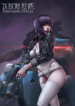 1girl absurdres belt black_jacket copyright_name cz-100 ghost_in_the_shell ghost_in_the_shell:_stand_alone_complex gun highres holding holding_gun holding_weapon jacket kusanagi_motoko leotard non-humanoid_robot purple_hair raphire red_eyes robot solo strapless strapless_leotard tachikoma thighhighs trigger_discipline weapon white_leotard white_thighhighs