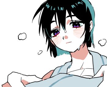 1girl alien_stage black_hair bob_cut closed_mouth commentary_request gyel highres korean_commentary purple_eyes short_hair solo sua_(alien_stage) sweat