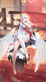 1girl bare_shoulders black_gloves breasts character_request choker cleavage closed_mouth expressionless full_body gloves halo head_tilt highres houchi_shoujo japanese_clothes looking_at_viewer low_wings needle official_art pale_skin plump red_sandals sandals sewing_needle single_thighhigh sitting solo string thighhighs white_hair white_wings wings yellow_eyes
