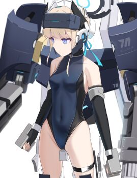 1girl absurdres armor black_leotard blue_archive blue_eyes blurry bow bun_cover commentary_request depth_of_field expressionless facing_away groin hair_bow hair_bun hair_ribbon halo headgear heattech_leotard highleg highleg_leotard highres holding leotard light_brown_hair long_hair looking_away maid_headdress mecha_musume official_alternate_costume piloting power_armor power_suit ribbon shasha_(shasha159357) sidelocks simple_background single_hair_bun sleeveless solo toki_(abi-eshuh)_(blue_archive) toki_(blue_archive) turtleneck white_background