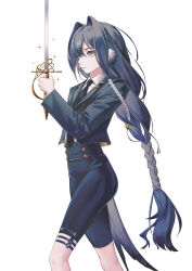 Rule 34 | 1girl, absurdres, alternate costume, arknights, astesia (arknights), black necktie, blue hair, blue jacket, blue pants, braid, braided ponytail, collared shirt, commentary, english commentary, feathers, hair intakes, highres, holding, holding sword, holding weapon, jacket, long hair, looking to the side, necktie, pants, ponytail, serious, shirt, sidelocks, simple background, solo, sword, very long hair, weapon, white background, white shirt, zhuang yao