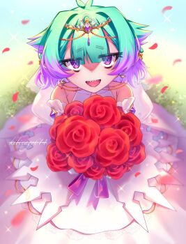 1girl alternate_costume artist_name bare_shoulders bouquet bride commentary_request dress earrings falling_petals fate/grand_order fate_(series) flower green_hair highres holding holding_bouquet jewelry kibinago_(kibinago614) locusta_(fate) looking_at_viewer multicolored_hair open_mouth petals purple_eyes purple_hair red_flower red_rose rose sharp_teeth short_hair solo teeth tiara two-tone_hair wedding_dress