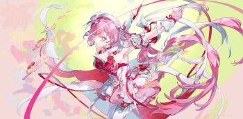 1girl absurdres armpits beret breasts chinese_commentary commentary_request diamond-shaped_pupils diamond_(shape) dress elf elysia_(hi_love_elf)_(honkai_impact) elysia_(honkai_impact) gloves hat highres holding_ribbon_baton honkai_(series) honkai_impact_3rd instrument long_hair medium_breasts multicolored_dress multicolored_hair pink_dress pink_hair pointy_ears purple_eyes red_dress ribbon solo symbol-shaped_pupils thighhighs trumpet two-tone_hair very_long_hair white_dress white_gloves white_thighhighs yi_yi