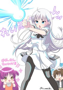 Rule 34 | !?, + +, 1boy, 2girls, ^^^, absurdres, ahoge, ascot, black ascot, black pantyhose, blue eyes, brown hair, chibi, chibi inset, commentary request, energy beam, feet out of frame, finger gun, floating clothes, floating hair, grey eyes, hair between eyes, hair ornament, hairclip, hands up, highres, index finger raised, katou umi, long hair, multiple girls, naruse shiroha, open mouth, orange shirt, outstretched arm, pantyhose, parallel hairclips, pink hair, puffy short sleeves, puffy sleeves, school uniform, shirt, short hair, short sleeves, simple background, skirt, sparkle, standing, sumechi, summer pockets, summer pockets school uniform, sweatdrop, takahara hairi, translation request, twitter username, two side up, upper body, upturned eyes, v-shaped eyebrows, very long hair, white background, white hair, white shirt, white skirt