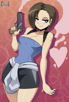 1girl artist_name bigdead black_skirt blue_eyes blue_tube_top brown_hair clothes_around_waist gun handgun highres holding holding_gun holding_weapon jill_valentine looking_at_viewer miniskirt resident_evil resident_evil_3:_nemesis short_hair skirt smile smoke smoking_barrel strapless sweater sweater_around_waist tube_top weapon