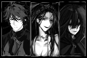 1boy 2girls absurdres aegyo_sal artist_collaboration black_background borrowed_character breasts brooch cleavage cloak column_lineup double-parted_bangs dress flower greyscale hair_between_eyes half-closed_eyes head_wreath highres hood hood_down jewelry logicsterrr looking_at_viewer messy_hair mole mole_under_eye monochrome multiple_girls narrowed_eyes original partially_shaded_face portrait rose shirt short_hair smirk