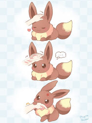 ... 1other :3 anger_vein artist_name biting biting_another&#039;s_hand blue_background blush brown_eyes checkered_background closed_eyes closed_mouth commentary_request disembodied_hand eevee fang gen_1_pokemon headpat highres mugita_konomi nintendo pokemon pokemon_(creature) speech_bubble spoken_ellipsis thought_bubble
