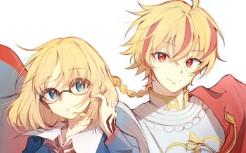 Rule 34 | 1boy, 1girl, ahoge, armor, blonde hair, blue eyes, braid, braided ponytail, cape, collared shirt, command spell, commentary request, fate/strange fake, fate (series), glasses, highres, looking at another, medium hair, multicolored hair, muzi4099, open mouth, red eyes, red streaks, richard i (fate), sajou ayaka (fate/strange fake), shirt, side braid, simple background, single braid, smile, sweater, upper body, white background