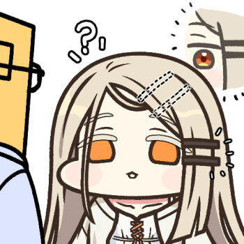 Rule 34 | 1boy, 1girl, ?, blonde hair, blush stickers, gakuen idolmaster, glasses, hair ornament, hairclip, idolmaster, jazz jack, lowres, orange eyes, p-head producer, parted bangs, producer (idolmaster), shinosawa hiro, simple background, thick eyelashes, white background