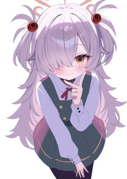 blue_archive blush brown_halo closed_mouth commentary_request diagonal-striped_ribbon dress eyeball_hair_ornament hair_ornament hair_over_one_eye halo highres kanoe_(blue_archive) long_hair long_sleeves multicolored_eyes orange_halo pantyhose pinafore_dress ribbon scar scar_on_neck shirt simple_background sleeveless sleeveless_dress smile solo two-tone_eyes two_side_up very_long_hair white_background white_shirt yatani_row