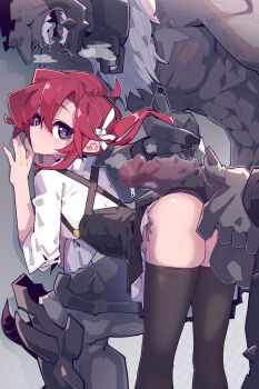 1boy 1girl absurdres against_wall bent_over black_skirt black_thighhighs blur_censor censored closed_mouth collared_shirt criss-cross_suspenders expressionless feet_out_of_frame flying_sweatdrops from_behind grabbing_another&#039;s_hair hair_between_eyes hair_ribbon hetero highres holding_another&#039;s_hair huge_penis imazawa legs_apart lilivia_(imazawa) long_sleeves looking_at_viewer looking_back open_mouth original penis penis_on_ass precum purple_eyes red_hair ribbon saliva shirt side-tie_peek side_ponytail size_difference skirt suspender_skirt suspenders teeth textless_version thighhighs white_ribbon white_shirt