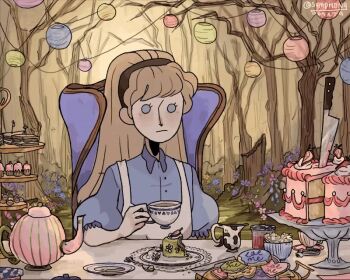 1girl alice_(habromania) animated animated_gif apron bangs_pinned_back black_hairband blinking blonde_hair blue_dress blue_eyes cake cake_stand colored_skin cookie cup cupcake decorations dessert dress drinking eat_me expressionless fairy_lights flower flower_bush food forest frilled_dress frills habromania hairband holding holding_cup jam knife long_hair long_nose mouse_(animal) nature pastel_colors pitcher_(container) plate puffy_sleeves sandwich signature sitting sitting_on_throne strawberry_cake symphony_sonata table teapot tree upper_body watermark white_apron white_skin