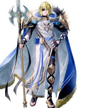 Rule 34 | 1boy, black gloves, blonde hair, blue cape, bodysuit, cape, capelet, dimitri alexandre blaiddyd, dimitri alexandre blaiddyd (king of faerghus), dimitri alexandre blaiddyd (king of faerghus) (resplendent), dimitri alexandre blaiddyd (timeskip), eyepatch, fingerless gloves, fire emblem, fire emblem: three houses, fire emblem heroes, gladiator sandals, gloves, gold trim, hand on own hip, highres, holding, holding polearm, holding weapon, looking at viewer, nintendo, non-web source, official alternate costume, official art, polearm, robe, sandals, smile, solo, tachi-e, two-sided cape, two-sided fabric, weapon, white capelet, white robe