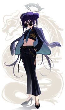 1girl absurdres belt black_pants blue_archive blue_necktie cropped_jacket double_bun dragon_print full_body grey_eyes grey_halo hair_bun halo high_heels highres jacket jacket_on_shoulders kisaki_(blue_archive) long_hair midriff munbinggu navel necktie pants solo striped_clothes sunglasses