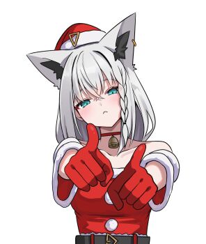 1girl :< alternate_costume animal_ears aqua_eyes bare_shoulders bell belt black_belt blush braid choker christmas closed_mouth collarbone commentary_request fox_ears gloves grey_hair hat highres hololive kumarang looking_at_viewer neck_bell red_choker red_gloves red_hat santa_costume santa_hat shirakami_fubuki simple_background single_braid solo upper_body virtual_youtuber white_background